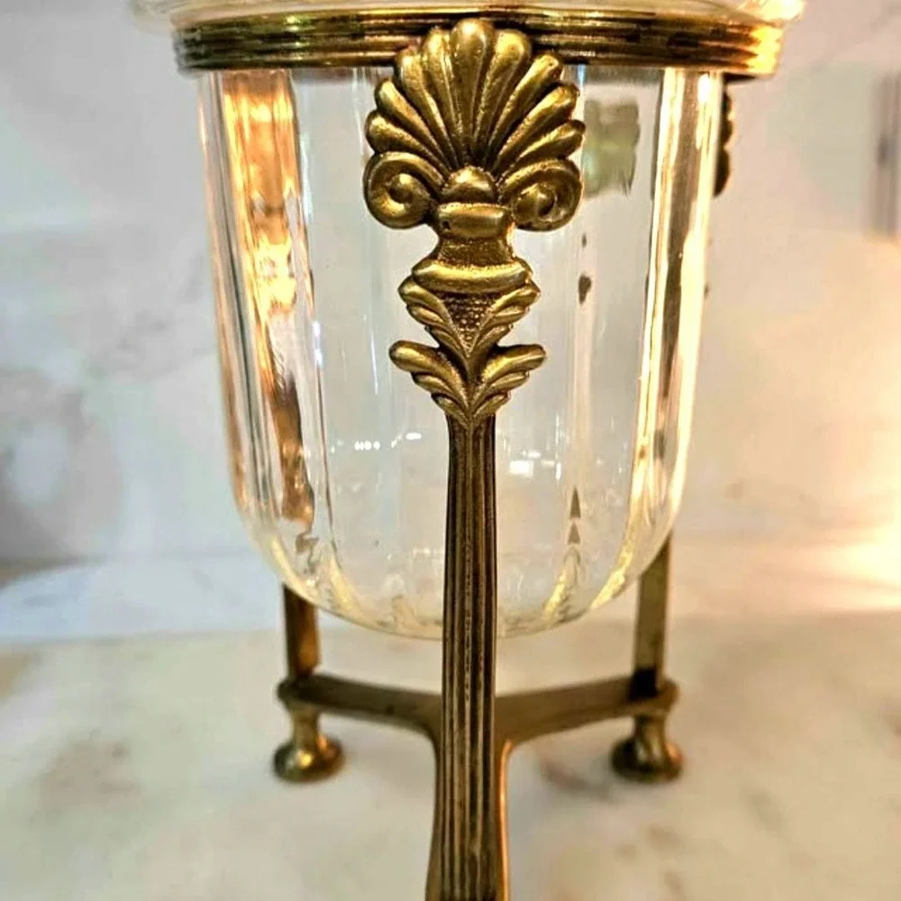 Vintage Brass Tripod Stand with Clear Glass Vase Centerpiece